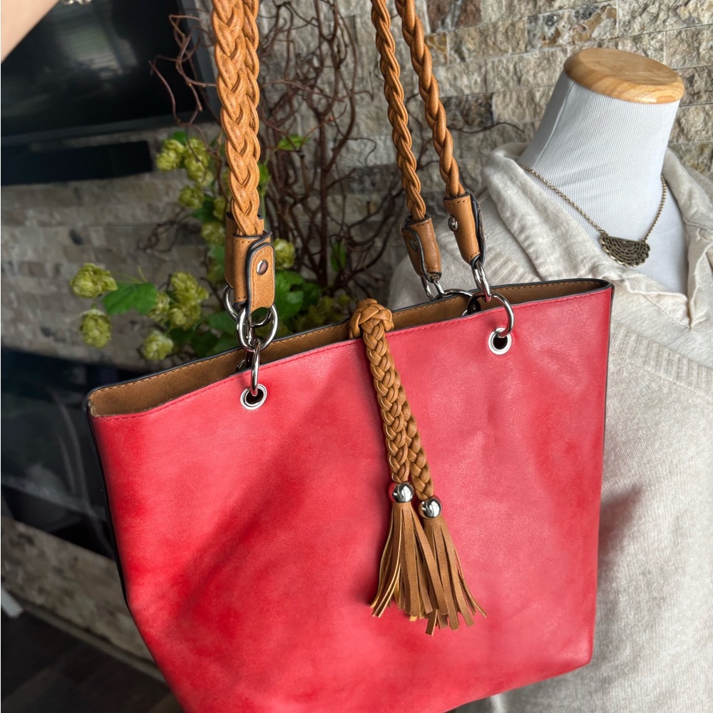 Red and Brown Leather Tote with Tassel